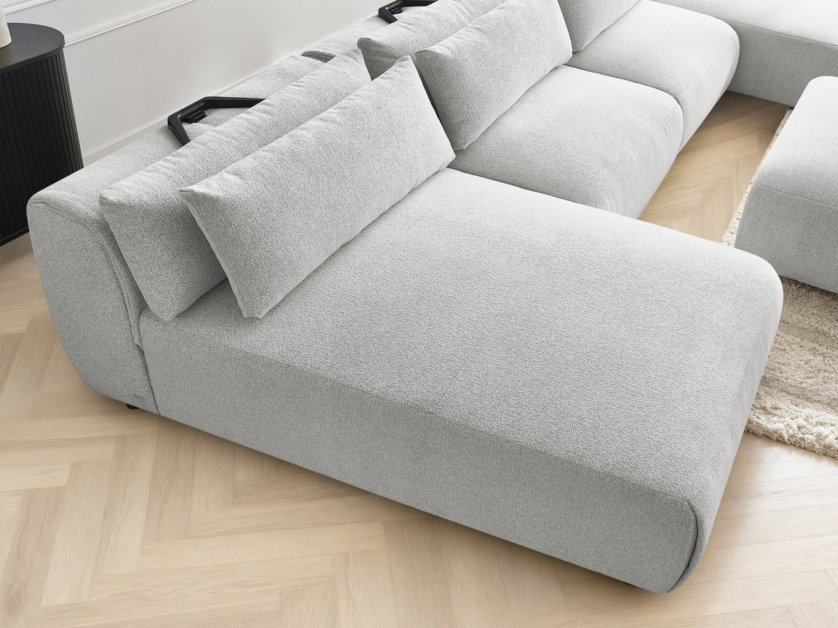 Modulaire vaste panoramabank met hoofdsteunen JANA gemêleerde stof met 2 chaise longues, 2 fauteuils en 1 kleine poef