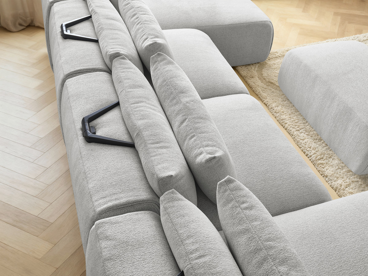 Modulaire vaste panoramabank met hoofdsteunen JANA gemêleerde stof met 2 chaise longues, 2 fauteuils en 1 kleine poef