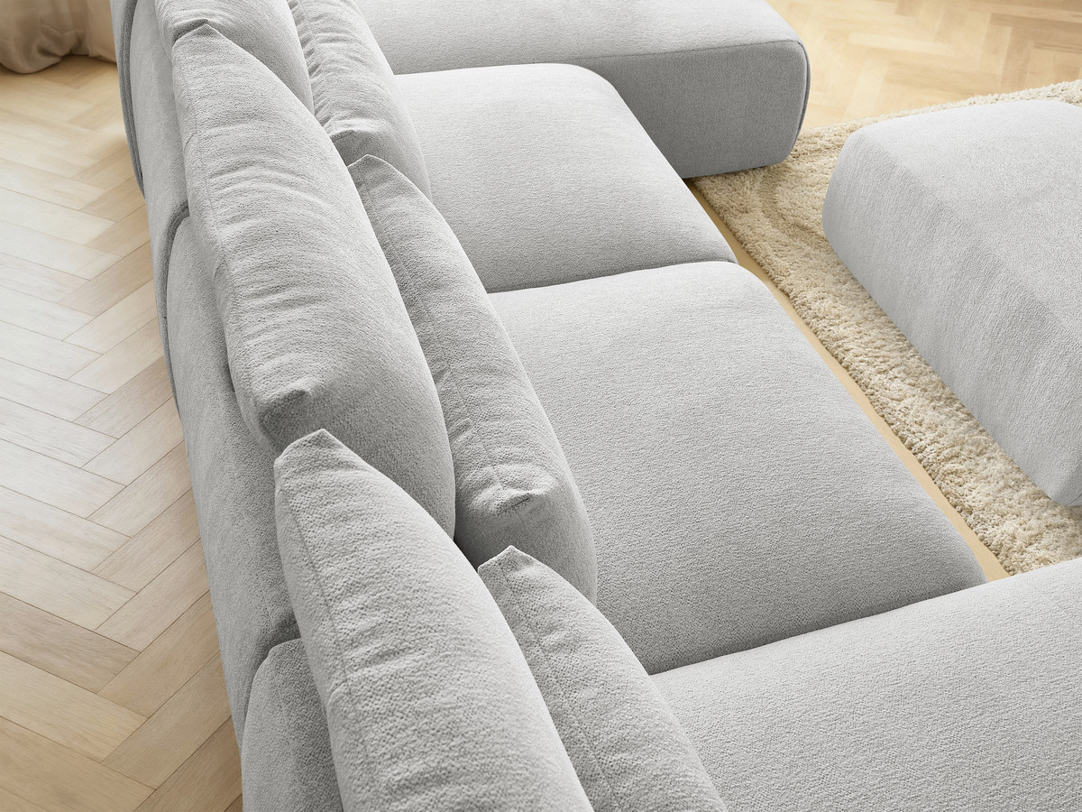 Modulaire vaste panoramabank met hoofdsteunen JANA gemêleerde stof met 2 chaise longues, 2 fauteuils en 1 kleine poef