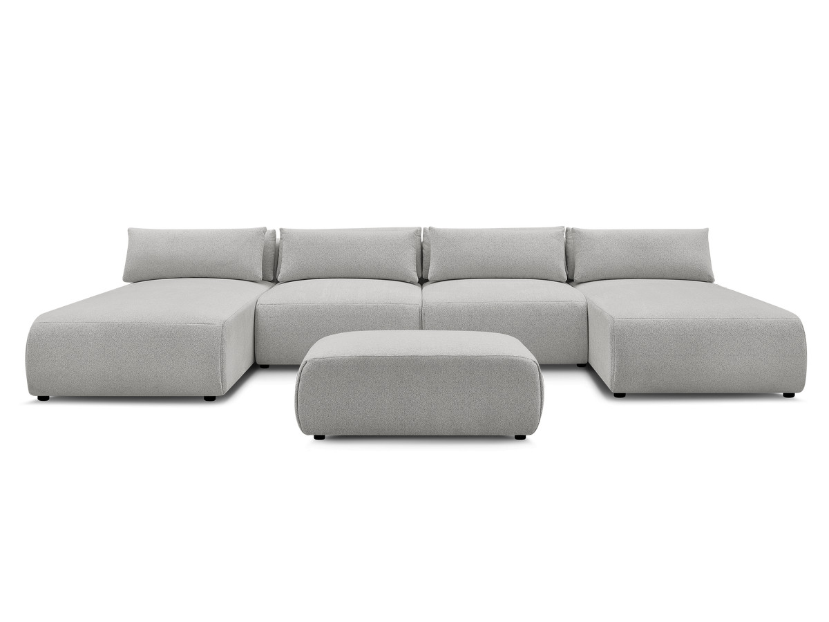 Modulaire vaste panoramabank met hoofdsteunen JANA gemêleerde stof met 2 chaise longues, 2 fauteuils en 1 kleine poef