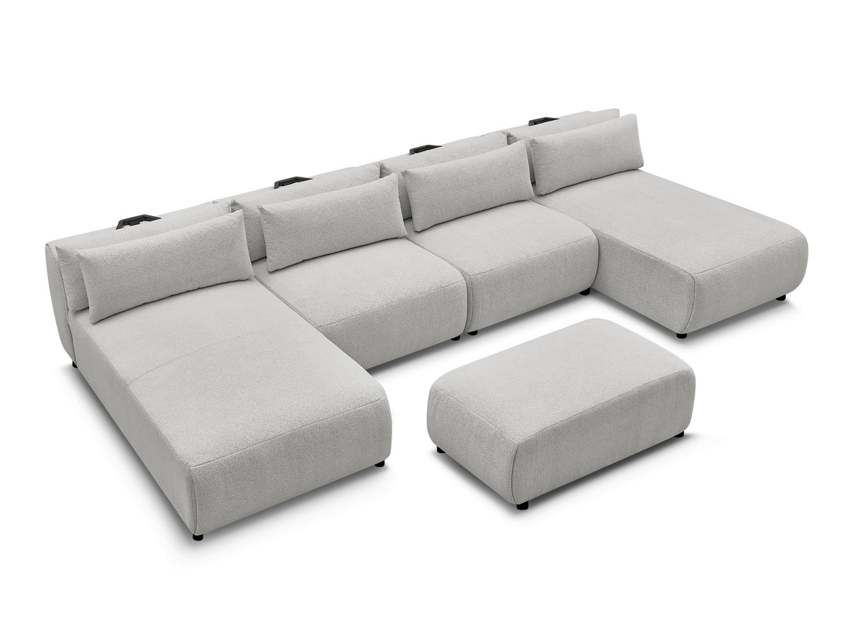 Modulaire vaste panoramabank met hoofdsteunen JANA gemêleerde stof met 2 chaise longues, 2 fauteuils en 1 kleine poef