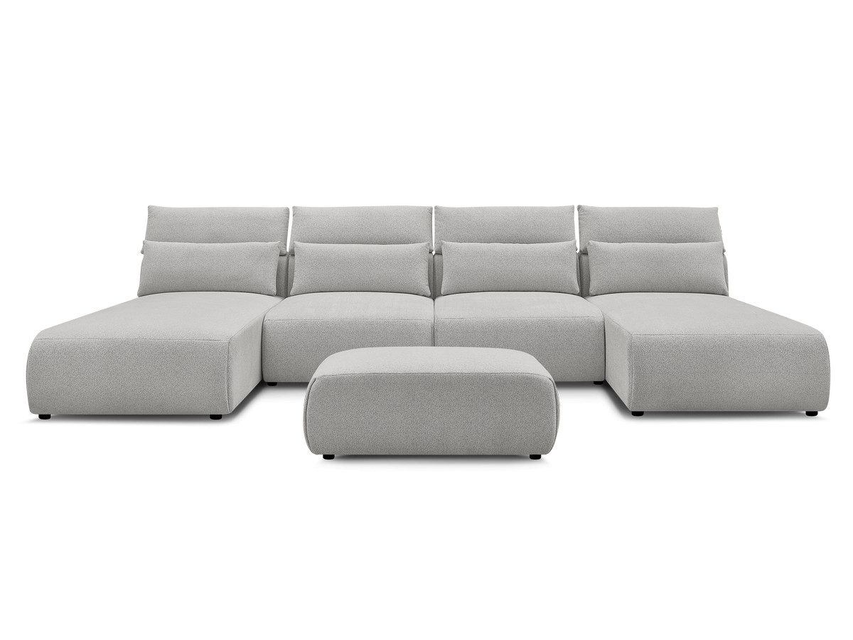 Modulaire vaste panoramabank met hoofdsteunen JANA gemêleerde stof met 2 chaise longues, 2 fauteuils en 1 kleine poef