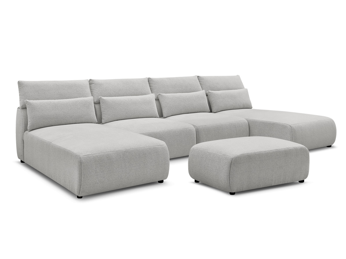 Modulaire vaste panoramabank met hoofdsteunen JANA gemêleerde stof met 2 chaise longues, 2 fauteuils en 1 kleine poef