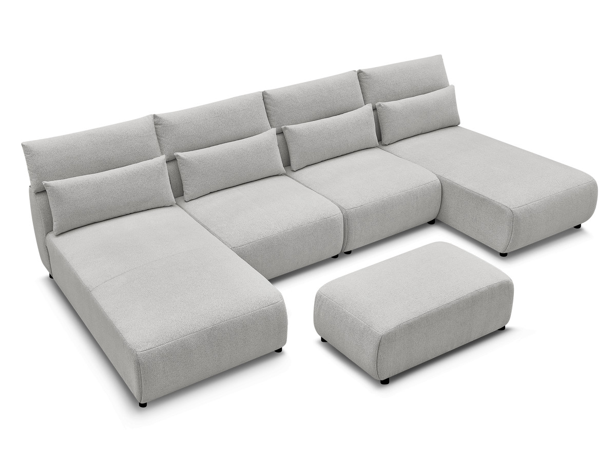 Modulaire vaste panoramabank met hoofdsteunen JANA gemêleerde stof met 2 chaise longues, 2 fauteuils en 1 kleine poef