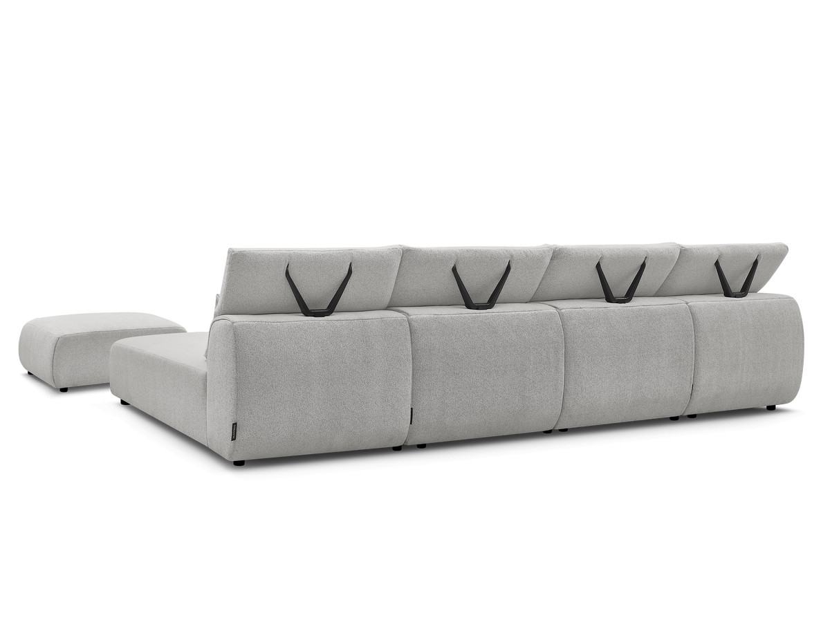 Modulaire vaste panoramabank met hoofdsteunen JANA gemêleerde stof met 2 chaise longues, 2 fauteuils en 1 kleine poef