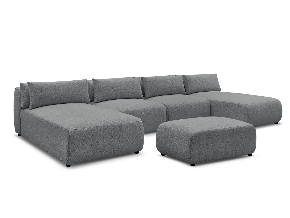 Modulaire vaste panoramabank met hoofdsteunen JANA gemêleerde stof met 2 chaise longues, 2 fauteuils en 1 kleine poef