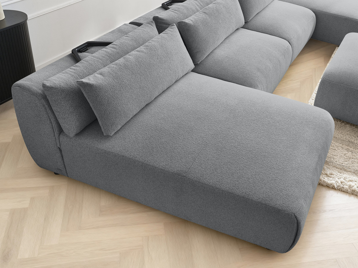 Modulaire vaste panoramabank met hoofdsteunen JANA gemêleerde stof met 2 chaise longues, 2 fauteuils en 1 kleine poef