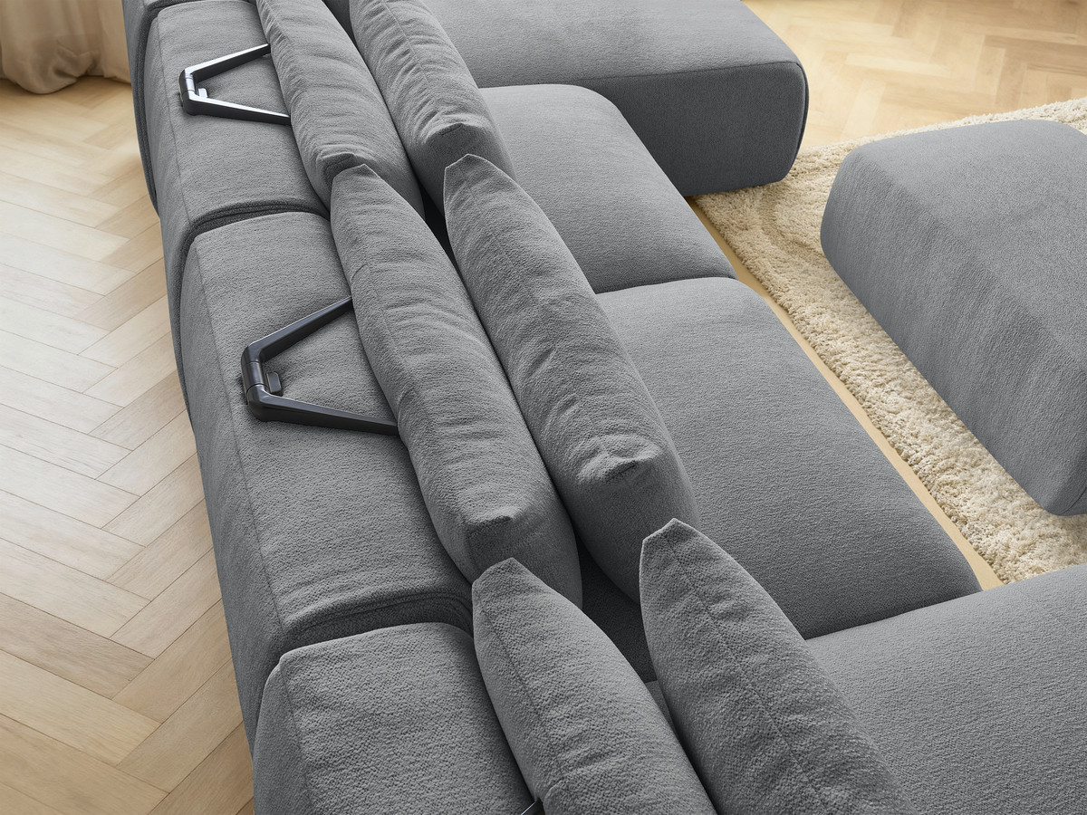 Modulaire vaste panoramabank met hoofdsteunen JANA gemêleerde stof met 2 chaise longues, 2 fauteuils en 1 kleine poef