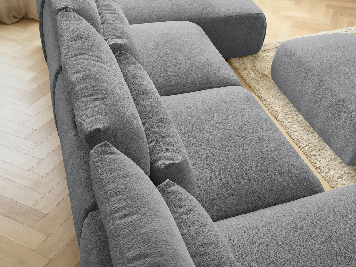 Modulaire vaste panoramabank met hoofdsteunen JANA gemêleerde stof met 2 chaise longues, 2 fauteuils en 1 kleine poef