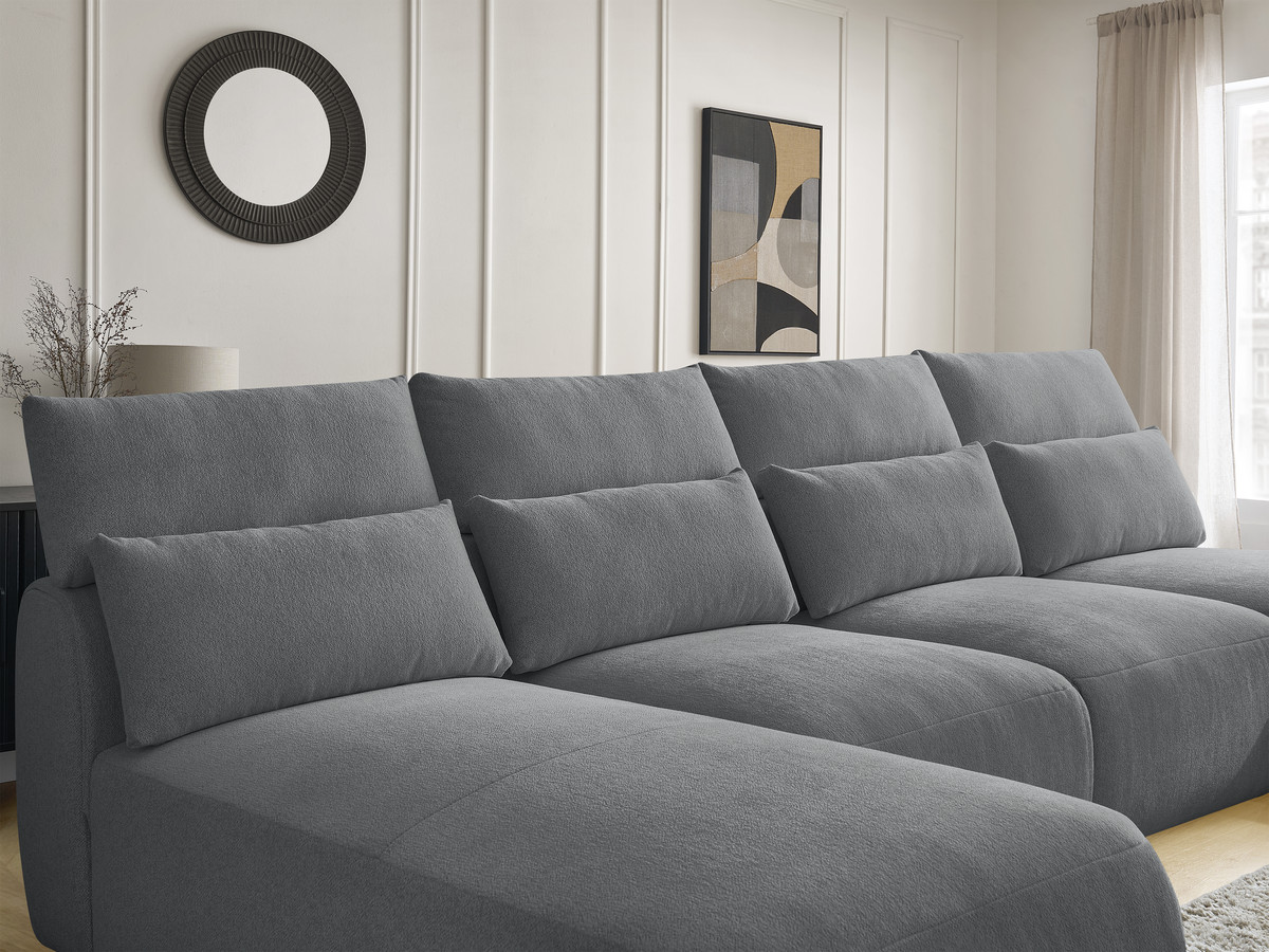 Modulaire vaste panoramabank met hoofdsteunen JANA gemêleerde stof met 2 chaise longues, 2 fauteuils en 1 kleine poef