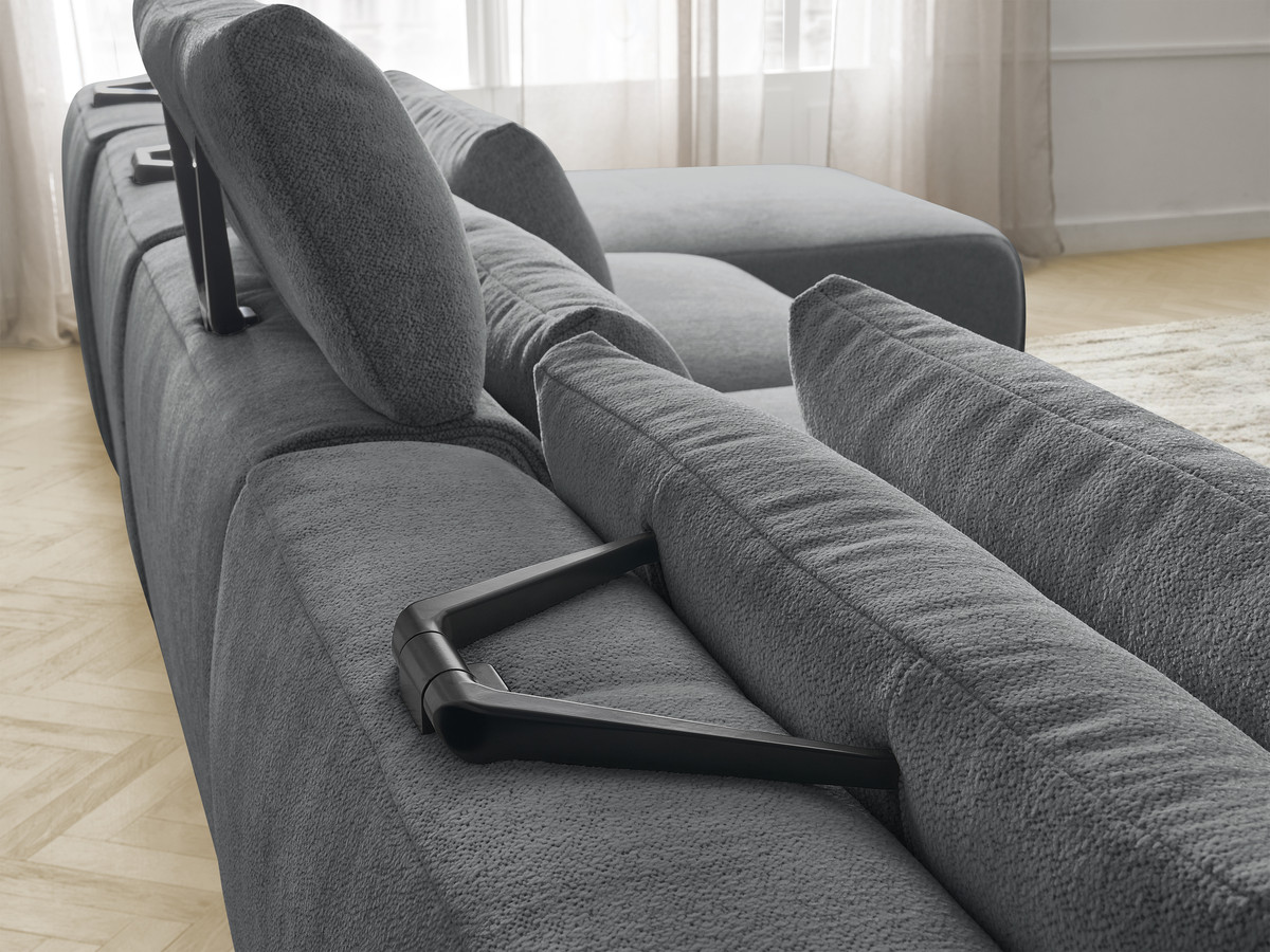 Modulaire vaste panoramabank met hoofdsteunen JANA gemêleerde stof met 2 chaise longues, 2 fauteuils en 1 kleine poef