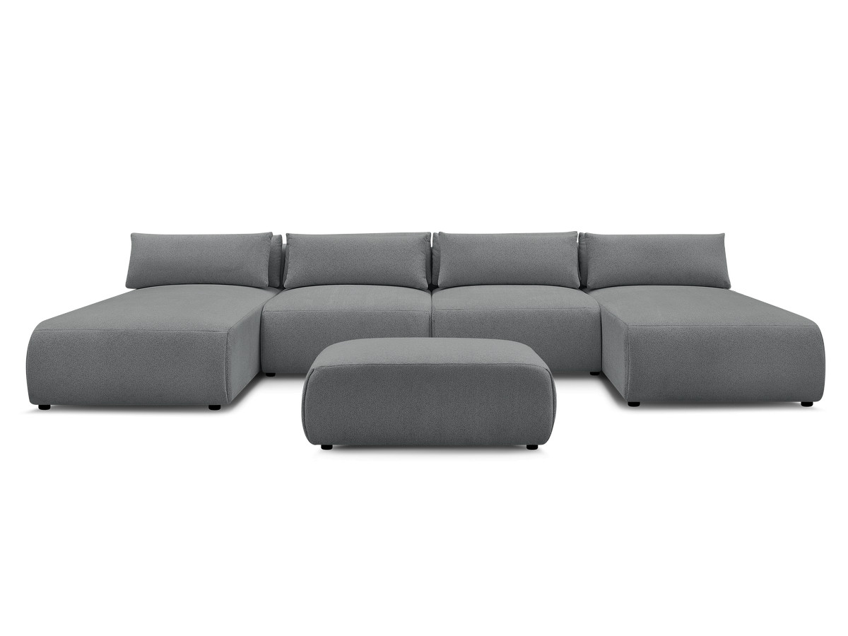 Modulaire vaste panoramabank met hoofdsteunen JANA gemêleerde stof met 2 chaise longues, 2 fauteuils en 1 kleine poef