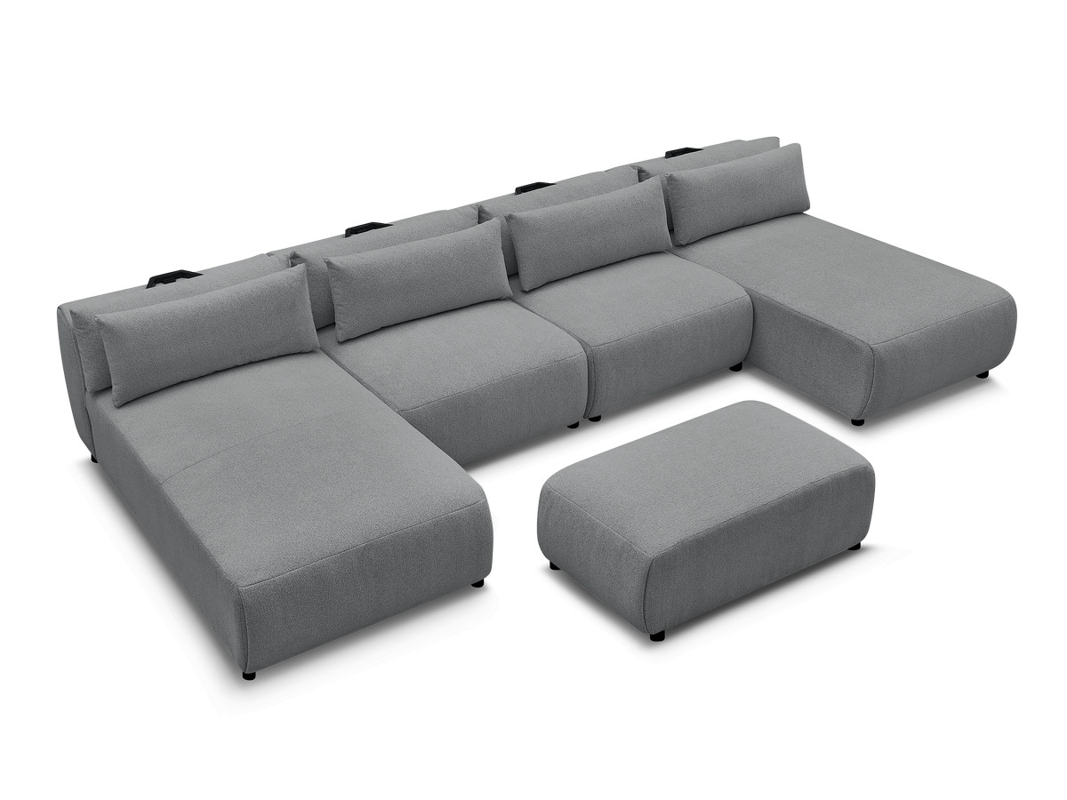 Modulaire vaste panoramabank met hoofdsteunen JANA gemêleerde stof met 2 chaise longues, 2 fauteuils en 1 kleine poef