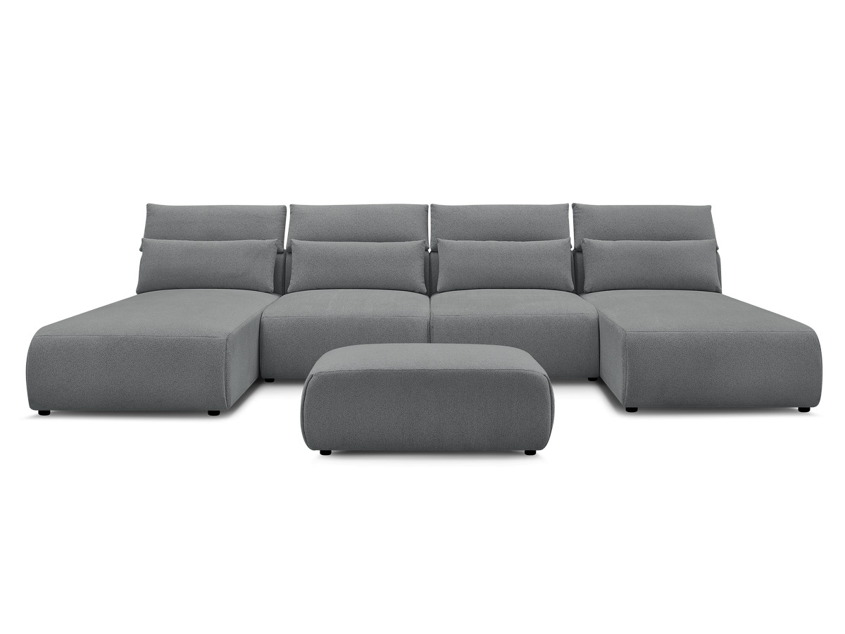 Modulaire vaste panoramabank met hoofdsteunen JANA gemêleerde stof met 2 chaise longues, 2 fauteuils en 1 kleine poef