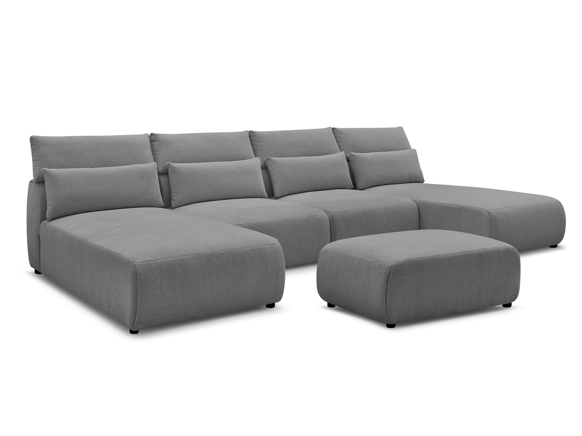 Modulaire vaste panoramabank met hoofdsteunen JANA gemêleerde stof met 2 chaise longues, 2 fauteuils en 1 kleine poef