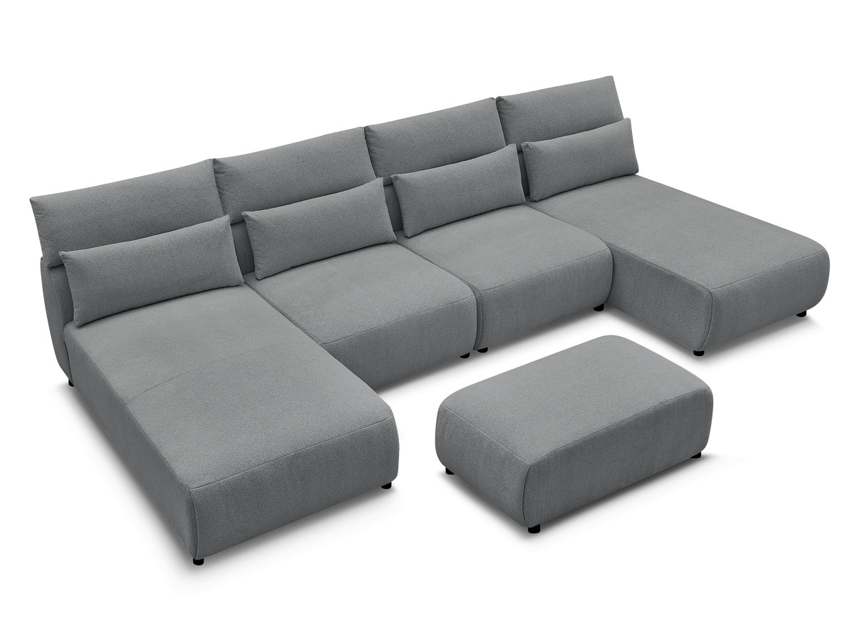 Modulaire vaste panoramabank met hoofdsteunen JANA gemêleerde stof met 2 chaise longues, 2 fauteuils en 1 kleine poef