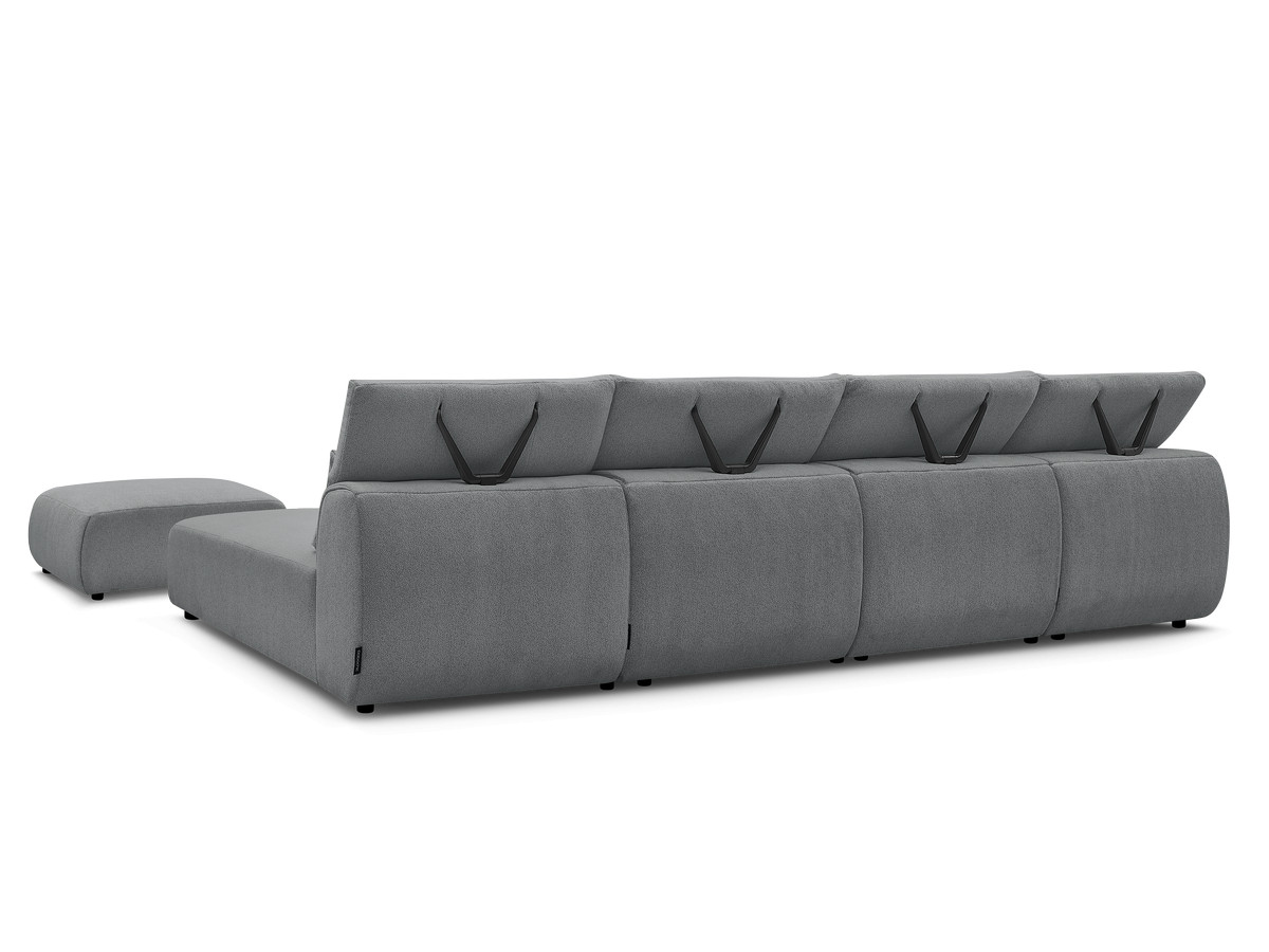 Modulaire vaste panoramabank met hoofdsteunen JANA gemêleerde stof met 2 chaise longues, 2 fauteuils en 1 kleine poef