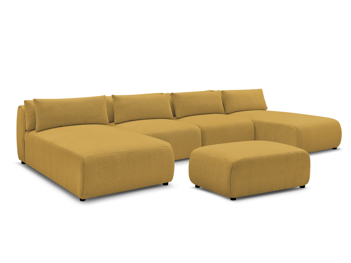 modulaire vaste panoramabank met hoofdsteunen jana gemêleerde stof met 2 chaise longues, 2 fauteuils en 1 kleine poef gekleurd geel