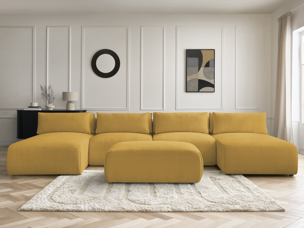 Modulaire vaste panoramabank met hoofdsteunen JANA gemêleerde stof met 2 chaise longues, 2 fauteuils en 1 kleine poef