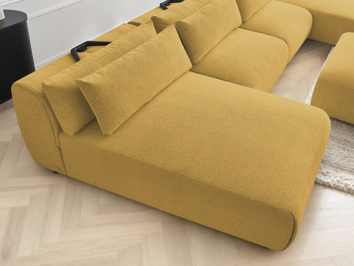 Modulaire vaste panoramabank met hoofdsteunen JANA gemêleerde stof met 2 chaise longues, 2 fauteuils en 1 kleine poef