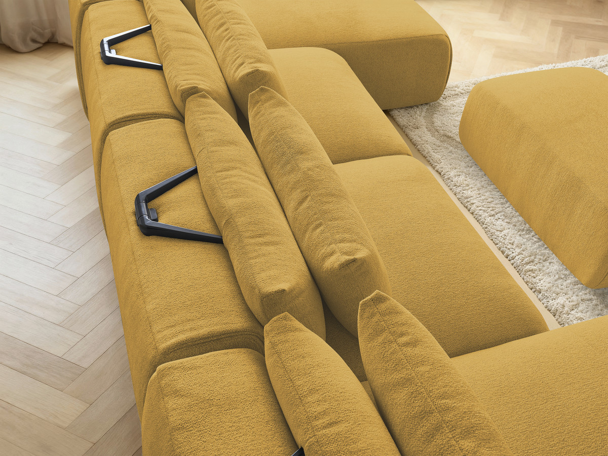 Modulaire vaste panoramabank met hoofdsteunen JANA gemêleerde stof met 2 chaise longues, 2 fauteuils en 1 kleine poef