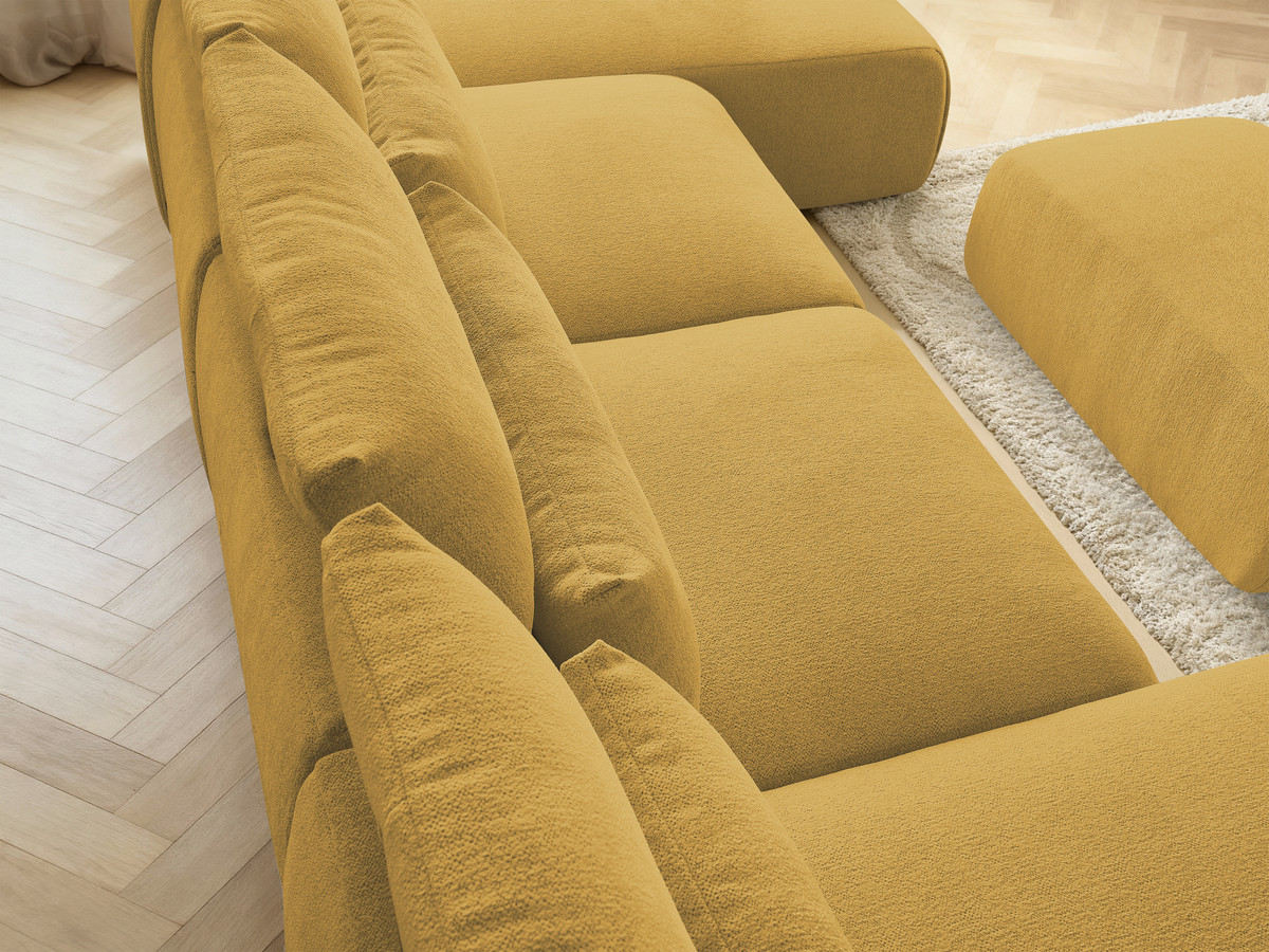 Modulaire vaste panoramabank met hoofdsteunen JANA gemêleerde stof met 2 chaise longues, 2 fauteuils en 1 kleine poef