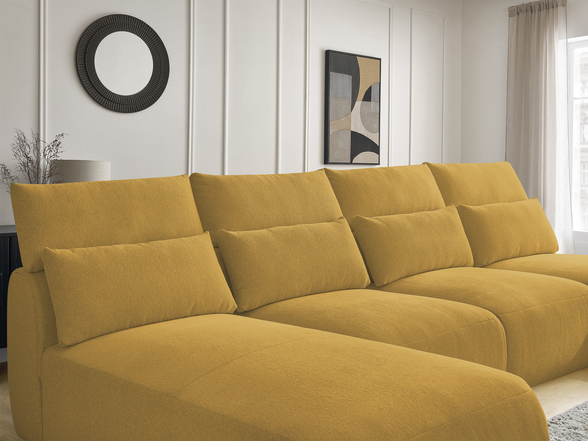 Modulaire vaste panoramabank met hoofdsteunen JANA gemêleerde stof met 2 chaise longues, 2 fauteuils en 1 kleine poef