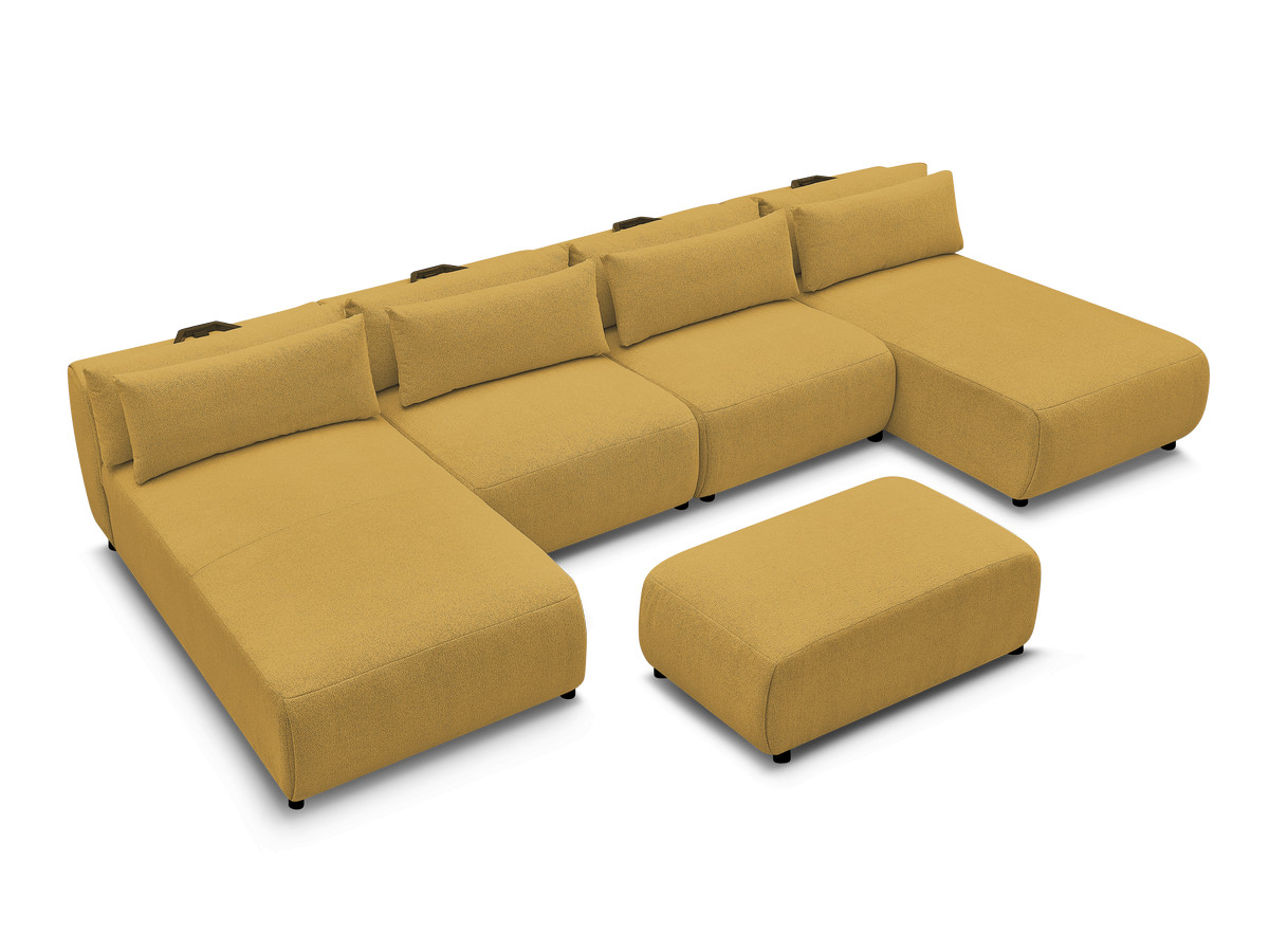 Modulaire vaste panoramabank met hoofdsteunen JANA gemêleerde stof met 2 chaise longues, 2 fauteuils en 1 kleine poef