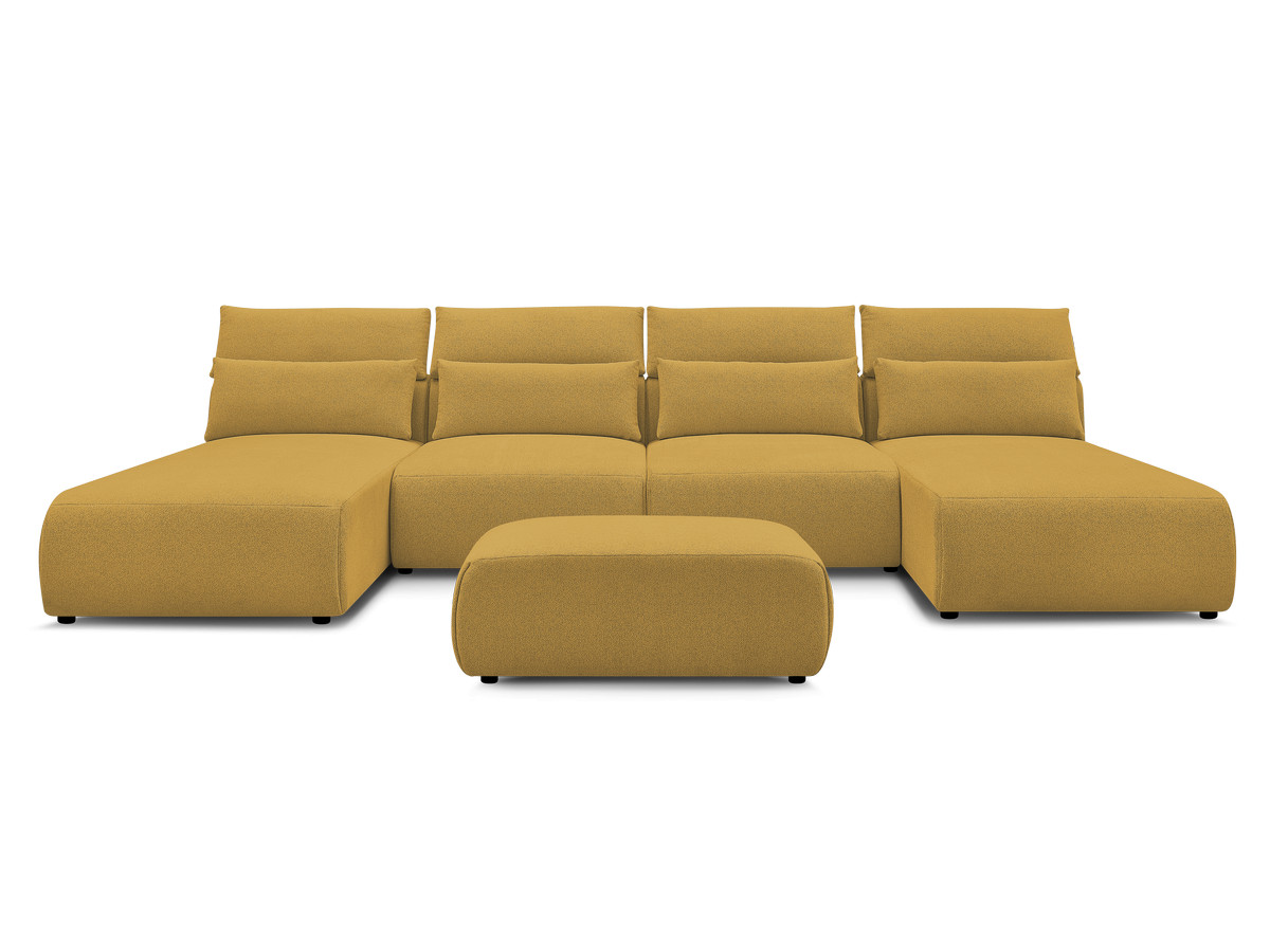 Modulaire vaste panoramabank met hoofdsteunen JANA gemêleerde stof met 2 chaise longues, 2 fauteuils en 1 kleine poef