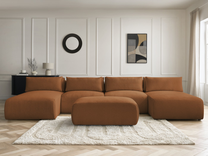 Canapé panoramique fixe modulable avec têtières JANA tissu chiné avec 2 méridiennes, 2 chauffeuses et 1 petit pouf