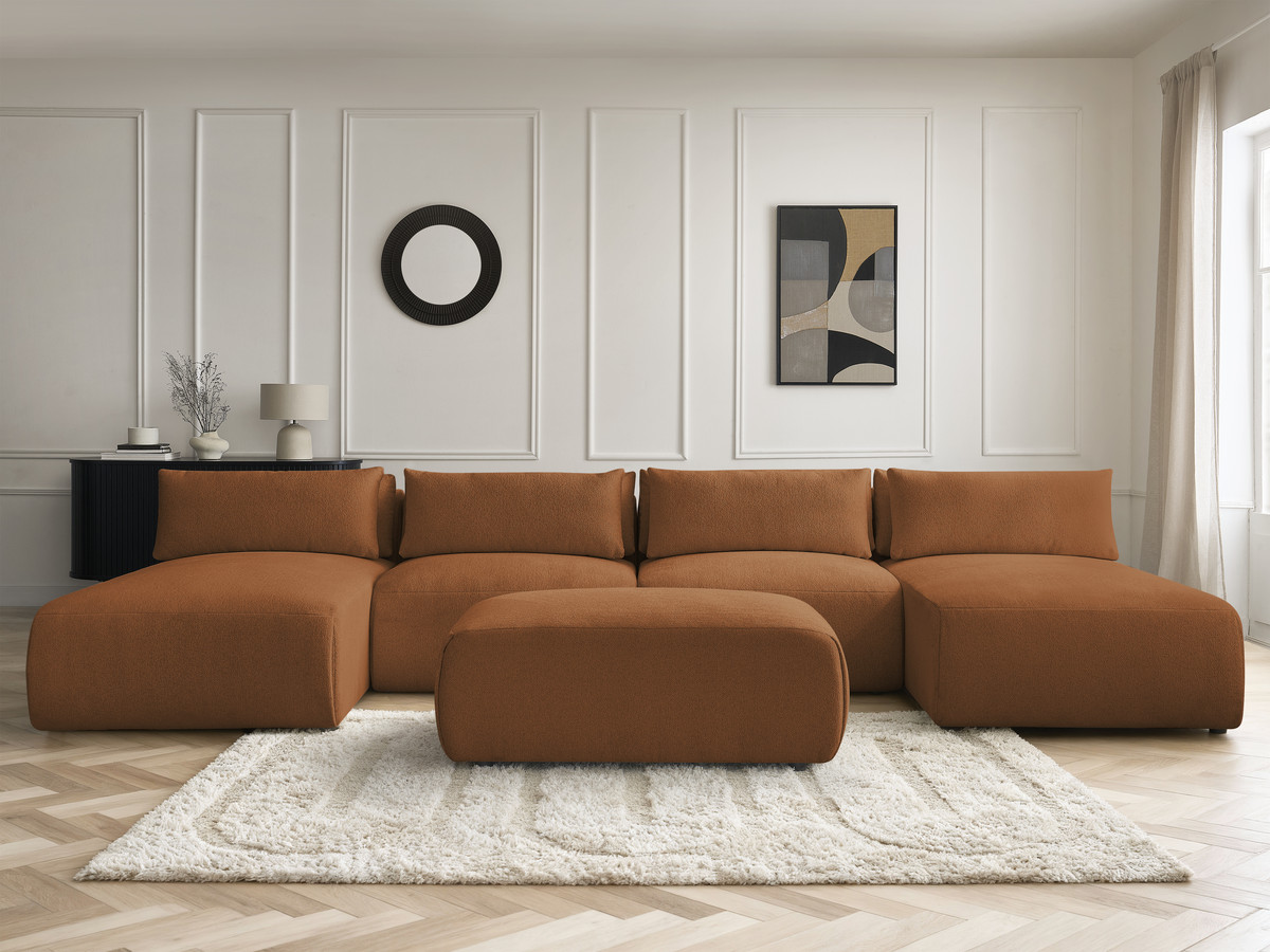 Modulaire vaste panoramabank met hoofdsteunen JANA gemêleerde stof met 2 chaise longues, 2 fauteuils en 1 kleine poef