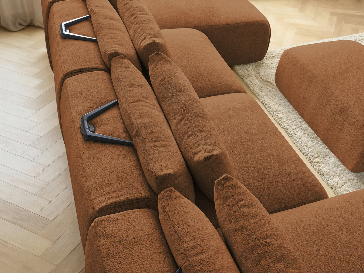 Modulaire vaste panoramabank met hoofdsteunen JANA gemêleerde stof met 2 chaise longues, 2 fauteuils en 1 kleine poef