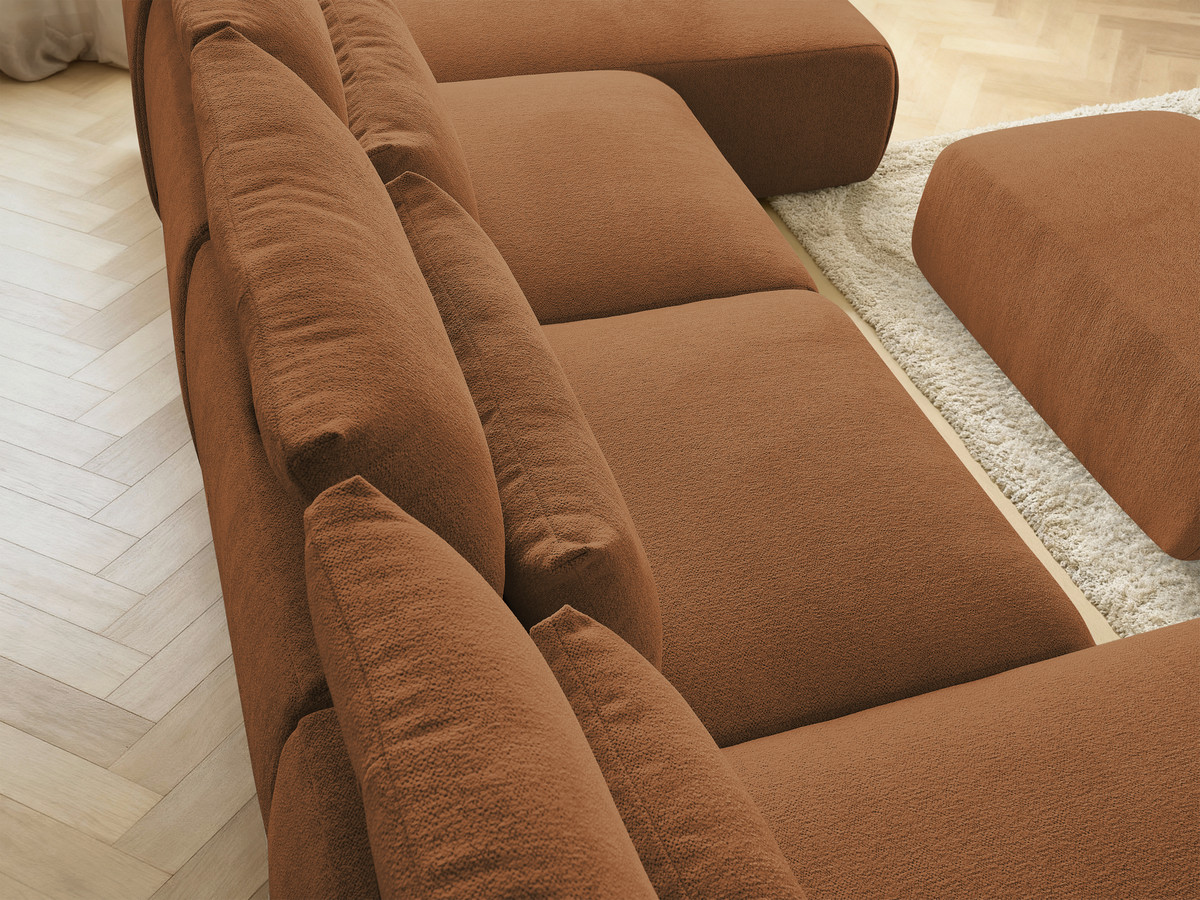 Modulaire vaste panoramabank met hoofdsteunen JANA gemêleerde stof met 2 chaise longues, 2 fauteuils en 1 kleine poef