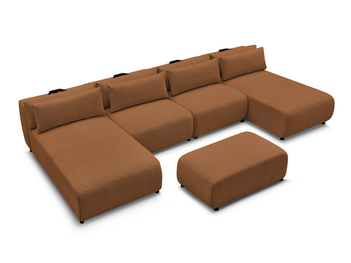 Modulaire vaste panoramabank met hoofdsteunen JANA gemêleerde stof met 2 chaise longues, 2 fauteuils en 1 kleine poef