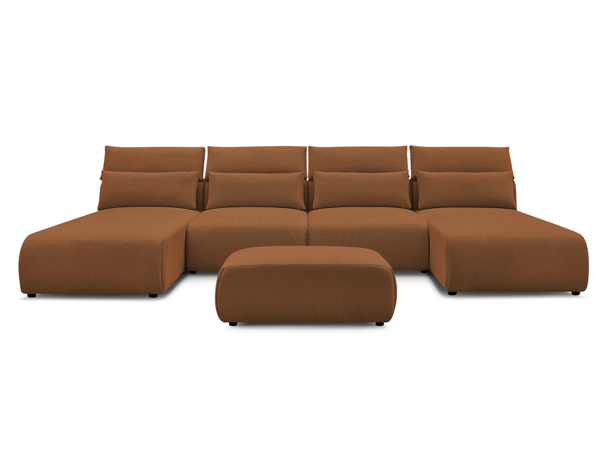 Modulaire vaste panoramabank met hoofdsteunen JANA gemêleerde stof met 2 chaise longues, 2 fauteuils en 1 kleine poef