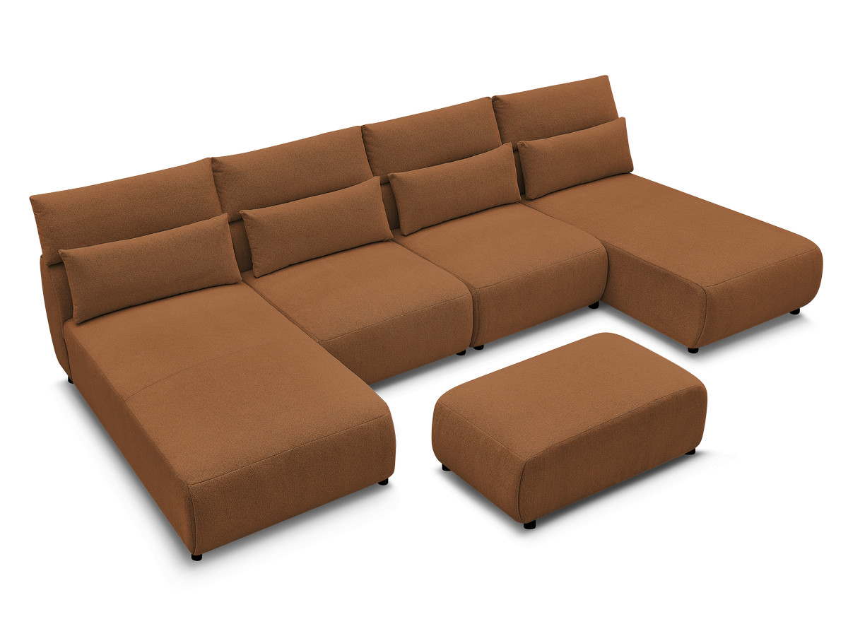 Modulaire vaste panoramabank met hoofdsteunen JANA gemêleerde stof met 2 chaise longues, 2 fauteuils en 1 kleine poef