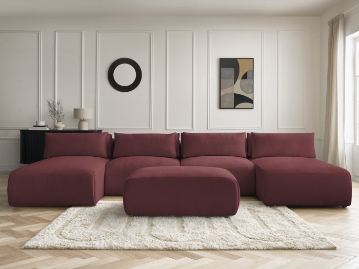 Canapé panoramique fixe modulable avec têtières JANA tissu chiné avec 2 méridiennes, 2 chauffeuses et 1 petit pouf