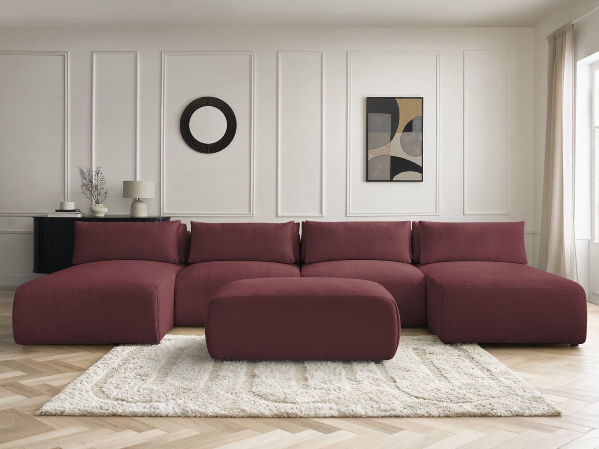 Modulaire vaste panoramabank met hoofdsteunen JANA gemêleerde stof met 2 chaise longues, 2 fauteuils en 1 kleine poef