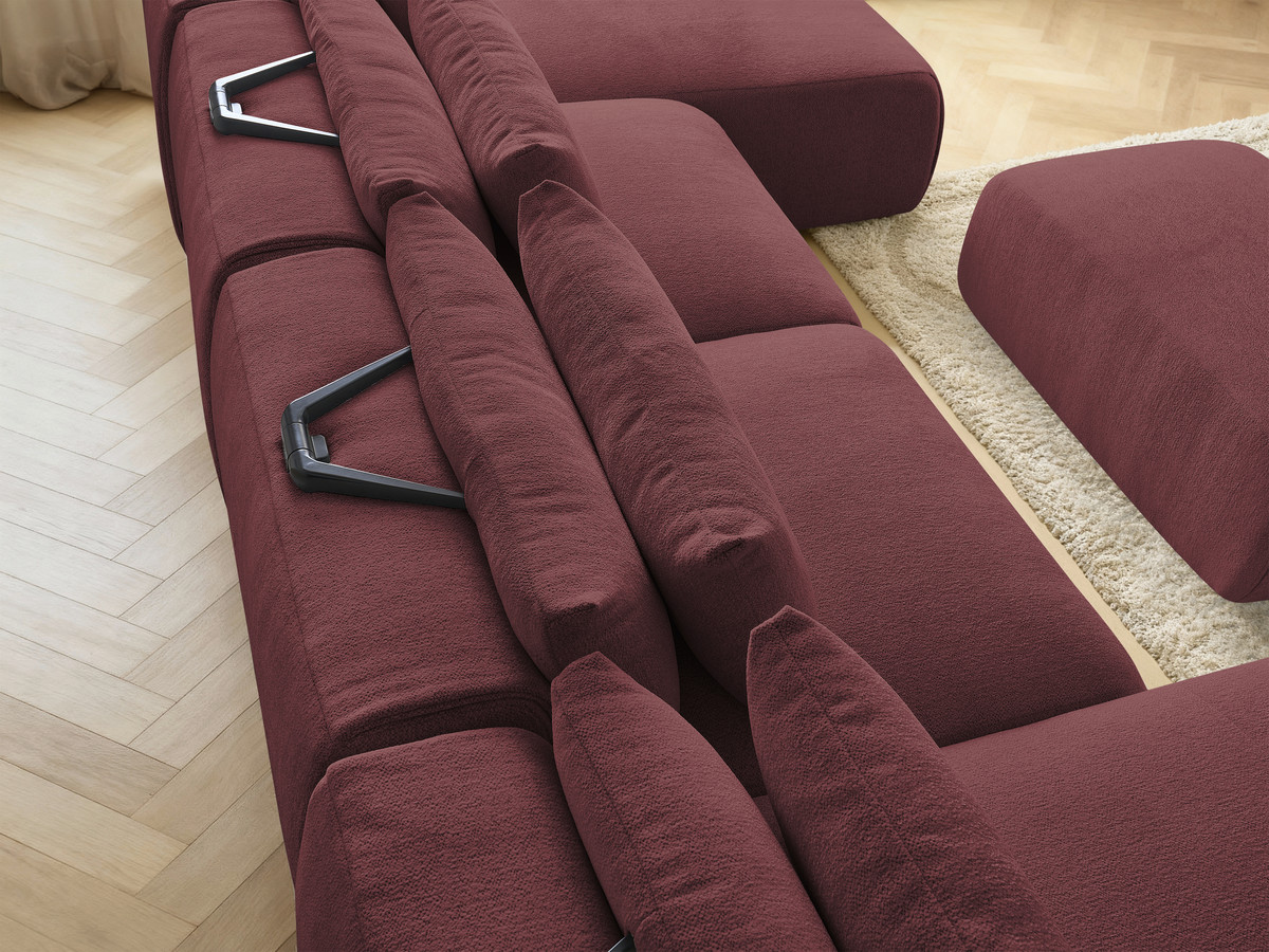 Modulaire vaste panoramabank met hoofdsteunen JANA gemêleerde stof met 2 chaise longues, 2 fauteuils en 1 kleine poef