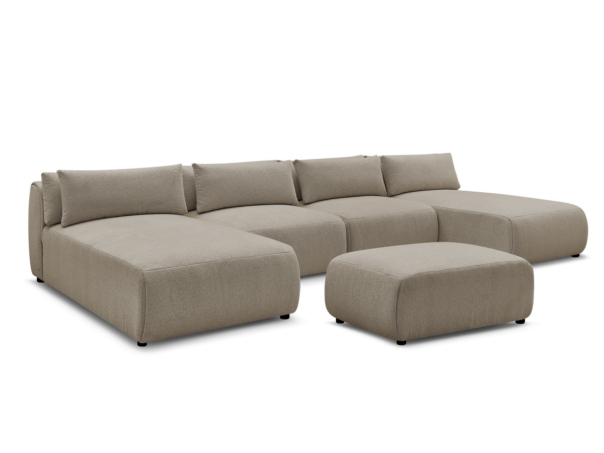 Modulaire vaste panoramabank met hoofdsteunen JANA gemêleerde stof met 2 chaise longues, 2 fauteuils en 1 kleine poef