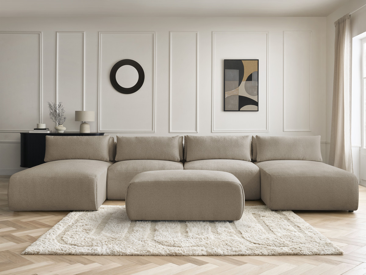 Modulaire vaste panoramabank met hoofdsteunen JANA gemêleerde stof met 2 chaise longues, 2 fauteuils en 1 kleine poef