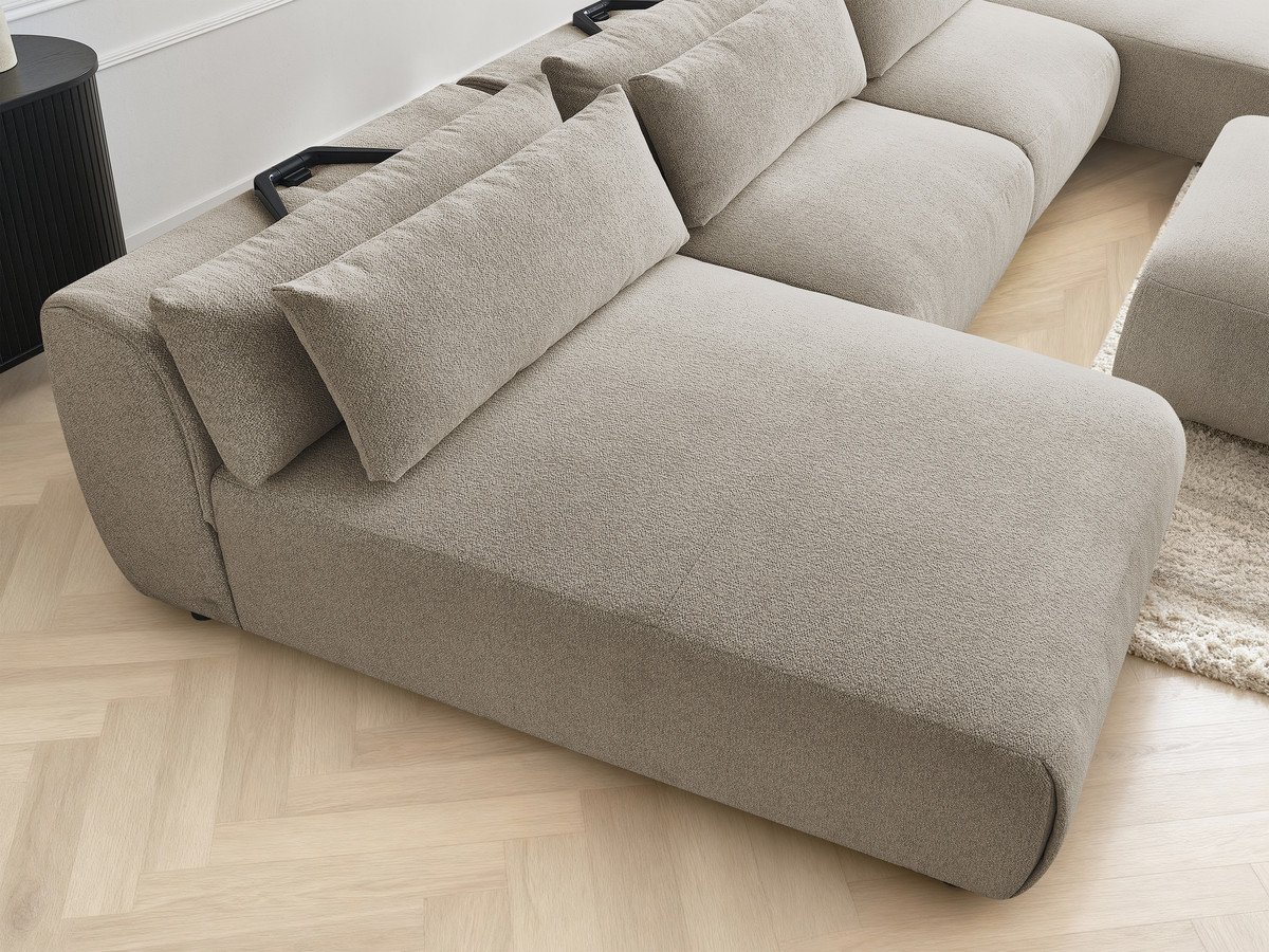 Modulaire vaste panoramabank met hoofdsteunen JANA gemêleerde stof met 2 chaise longues, 2 fauteuils en 1 kleine poef