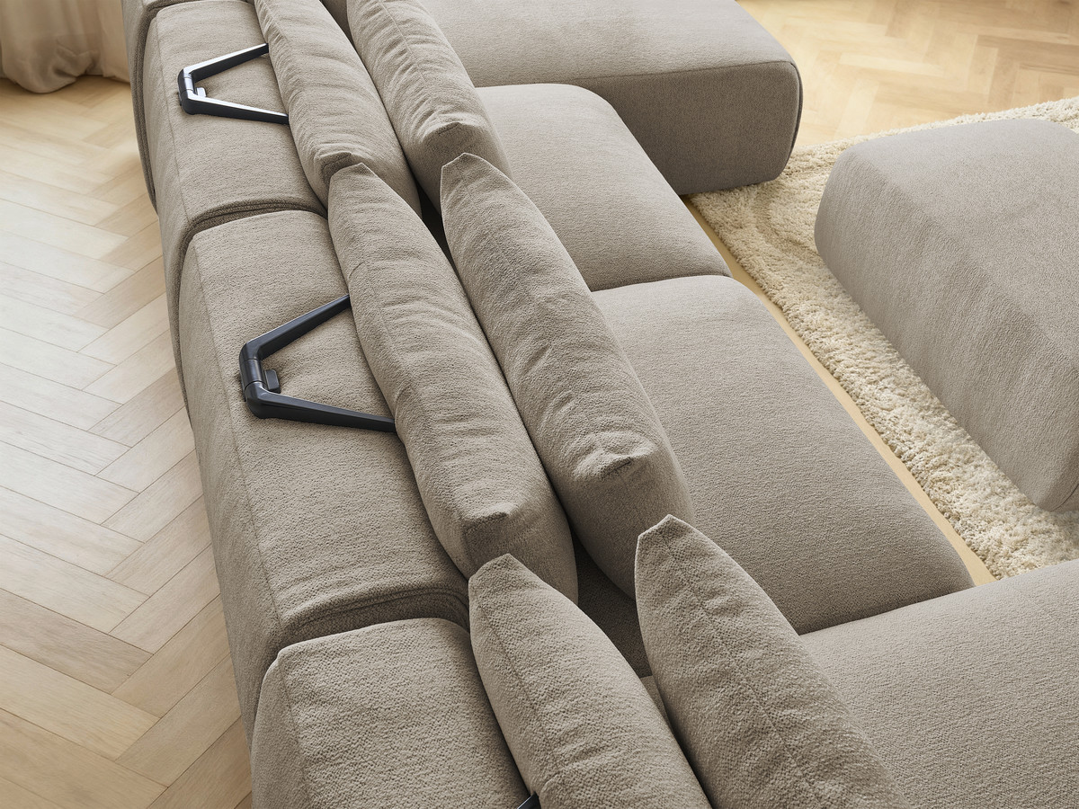 Modulaire vaste panoramabank met hoofdsteunen JANA gemêleerde stof met 2 chaise longues, 2 fauteuils en 1 kleine poef