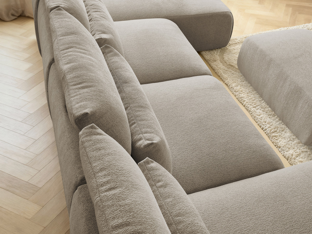 Modulaire vaste panoramabank met hoofdsteunen JANA gemêleerde stof met 2 chaise longues, 2 fauteuils en 1 kleine poef