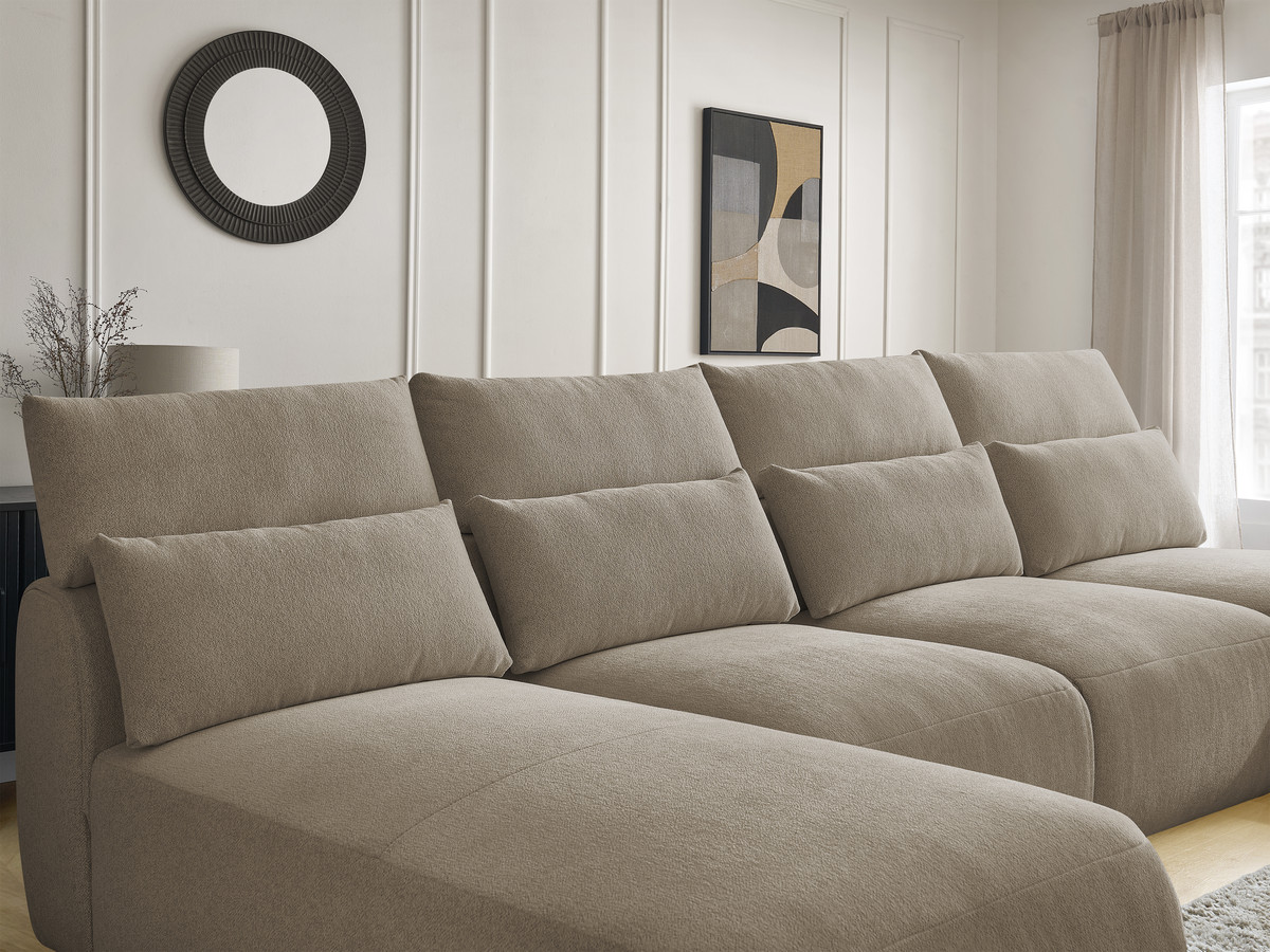 Modulaire vaste panoramabank met hoofdsteunen JANA gemêleerde stof met 2 chaise longues, 2 fauteuils en 1 kleine poef