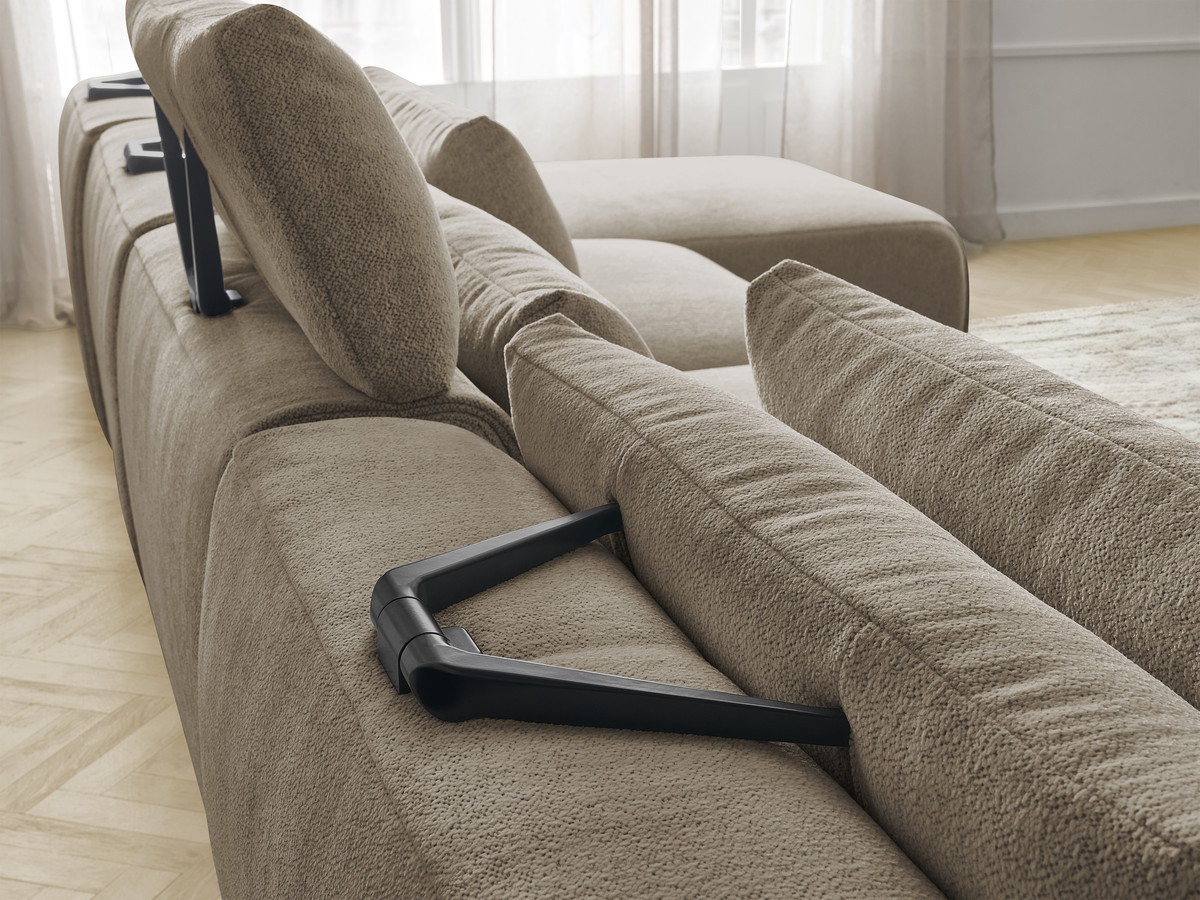 Modulaire vaste panoramabank met hoofdsteunen JANA gemêleerde stof met 2 chaise longues, 2 fauteuils en 1 kleine poef