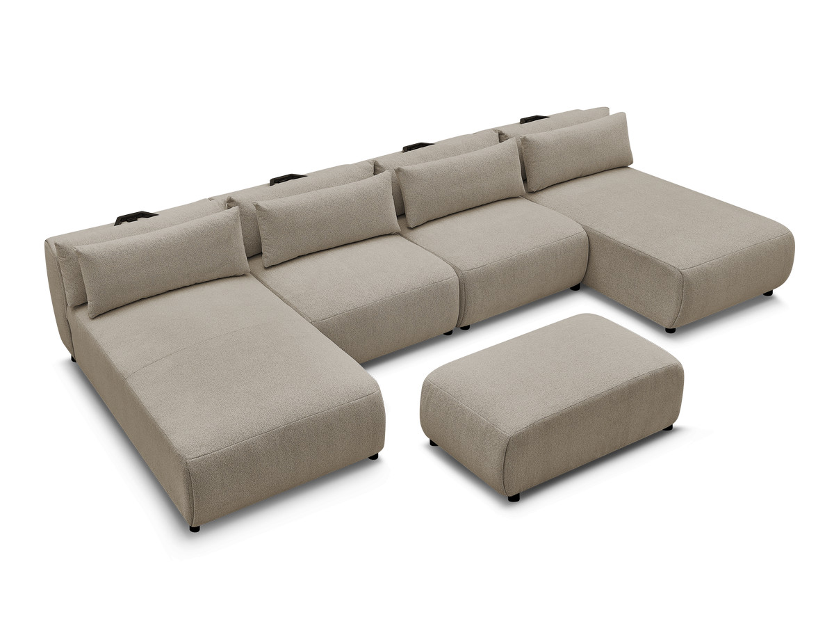 Modulaire vaste panoramabank met hoofdsteunen JANA gemêleerde stof met 2 chaise longues, 2 fauteuils en 1 kleine poef