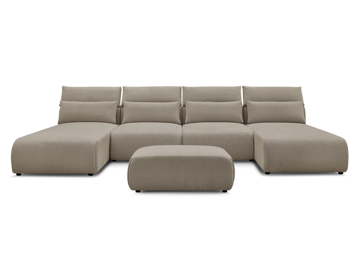 Modulaire vaste panoramabank met hoofdsteunen JANA gemêleerde stof met 2 chaise longues, 2 fauteuils en 1 kleine poef