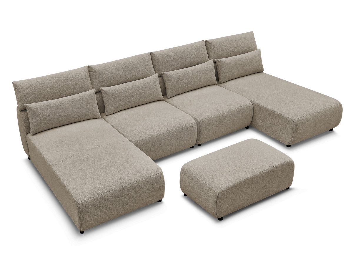 Modulaire vaste panoramabank met hoofdsteunen JANA gemêleerde stof met 2 chaise longues, 2 fauteuils en 1 kleine poef