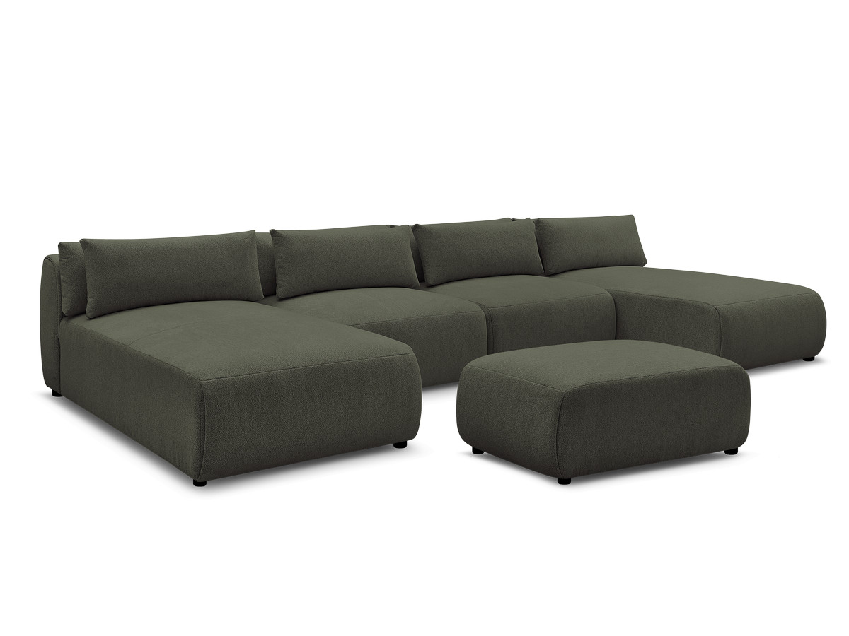 modulaire vaste panoramabank met hoofdsteunen jana gemêleerde stof met 2 chaise longues, 2 fauteuils en 1 kleine poef gekleurd groente